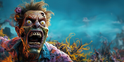 Une illustration d'un personnage zombie hurlant de rage, image avec espace pour texte. - obrazy, fototapety, plakaty