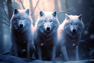 Illustration de trois loups blancs dans une forêt. - obrazy, fototapety, plakaty