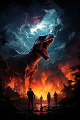 Illustration d'un dinosaure féroce détruisant une ville en feu la nuit.