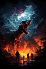Tuinposter Illustration d'un dinosaure féroce détruisant une ville en feu la nuit. © David Giraud