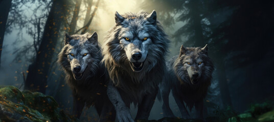 Illustration de trois loups féroces dans une forêt. - obrazy, fototapety, plakaty