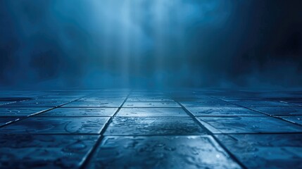 a dark blue gradient background with cinematic light and and a ceramic floor  - obrazy, fototapety, plakaty
