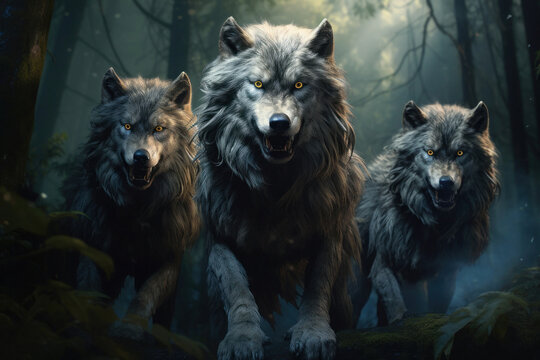 Illustration de trois loups féroces dans une forêt.