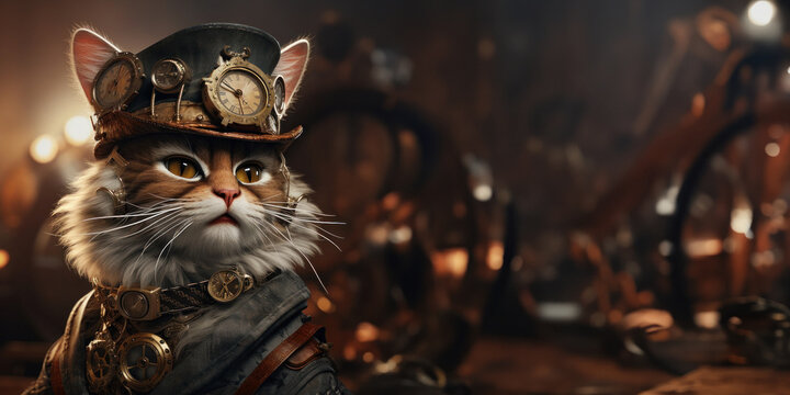 Le portrait d'un chat dans un style steampunk, image avec espace pour texte.