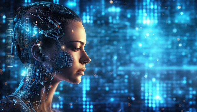 Intelligence artificielle, illustration d'une femme symbolisant les technologies du futur, image avec espace pour texte.
