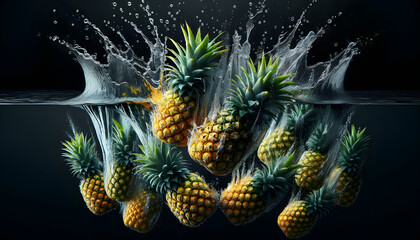 the ripe pineapples, water droplets, and all the vibrant splash against the dark water. The contrast and the dynamic action are all captured in the frame