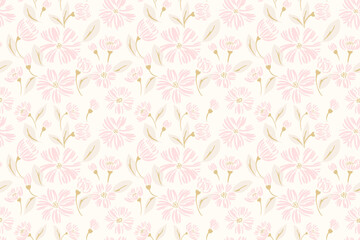 Pastel soft or gently abstract flowers and buds, shapes leaves seamless pattern. Vector hand drawn sketch. Simple creative ditsy floral background. Template for designs, fashion, children textiles