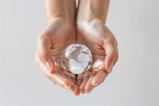Environment conservation. Close-up human hands of a drop of clear water with a globe inside on a white background. Banner with copy space. Environment Earth Day. Saving  sustainable. Save Earth