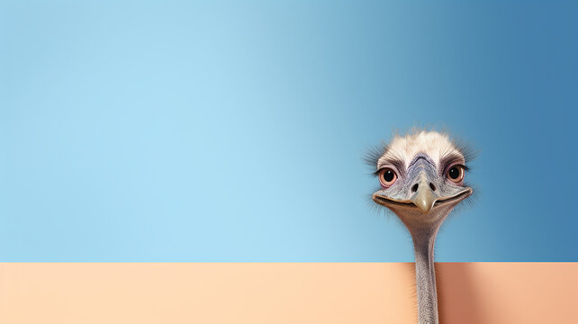 Curious ostrich peeks out, ostrich head on a smooth background, light pastel background copy of the space