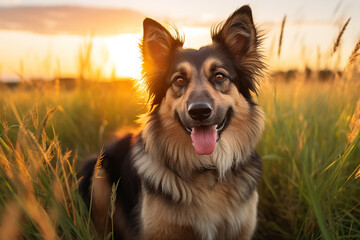 Portrait of a Majestic Collie Dog at Sunset in the Countryside