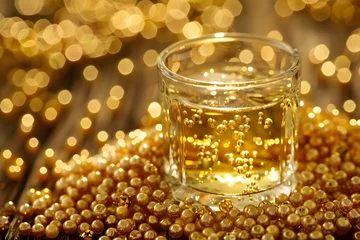Foto op Plexiglas a glass filled with liquid sitting on top of a pile of gold colored beads on top of a wooden table. © john