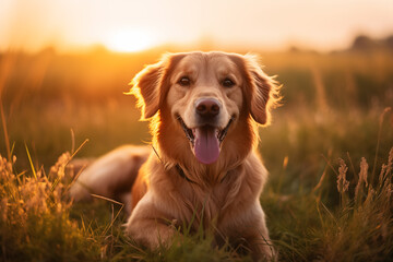Golden Retriever Enjoying the Warmth of Sunset in a Field