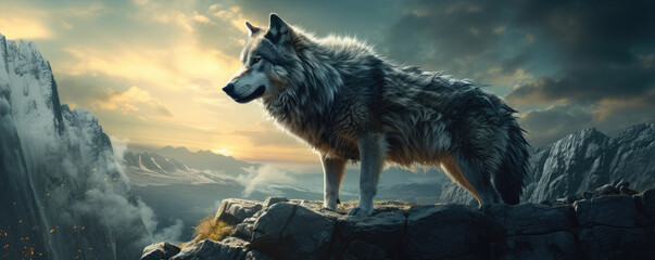 Majestic grey wolf standing on a peak