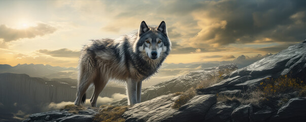 Majestic grey wolf standing on a peak - obrazy, fototapety, plakaty