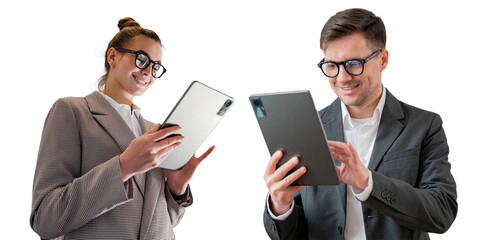 Male and female business people use a tablet, transparent isolated background.