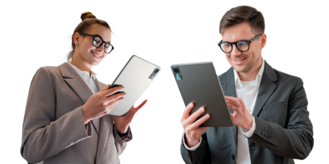 Male and female business people use a tablet, transparent isolated background.