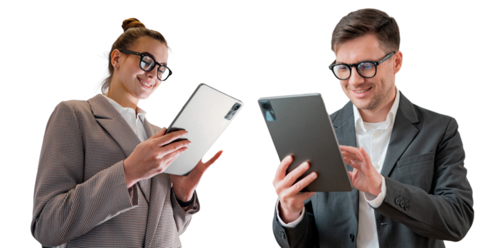 Male and female business people use a tablet, transparent isolated background.