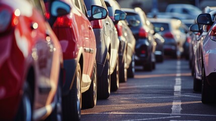 Fototapeta premium Cars For Sale Stock Lot Row. Car Dealer Inventory