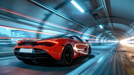 Foto op Canvas Dramatic shot of a sports car racing through a tunnel, with lights streaking past, creating a sense of motion © Photock Agency