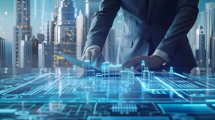 Hand pointing at digital virtual reality modern commercial building hologram. Real estate for investment building technology concept.