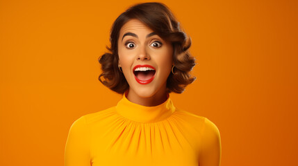 A young woman who looks excited or surprised On an orange studio background - obrazy, fototapety, plakaty