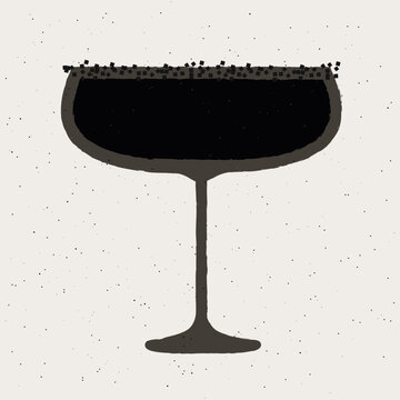 Black cocktail with sugar. Dark cocktail in margarita glass. Cocktail Black Widow. Alcohol drink for bar. Non-alcoholic beverage. Flat vector illustration with texture