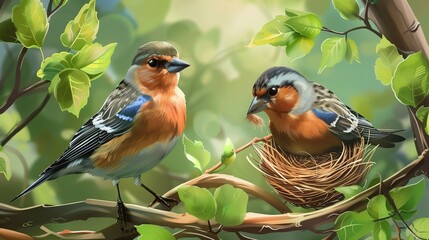 A pair of chaffinches gathering nesting materials amidst verdant foliage, building their cozy home.  - obrazy, fototapety, plakaty