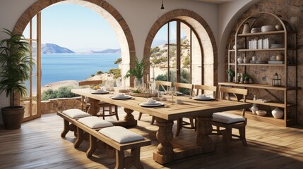 A large dining room with a long wooden table and a view of the ocean. The table is set with plates,...