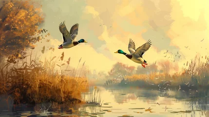 Badkamer foto achterwand A pair of mallard ducks taking flight from a serene marshland, wings outstretched in harmony.  © Muhammad