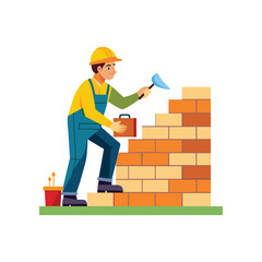 construction worker with bricks and building