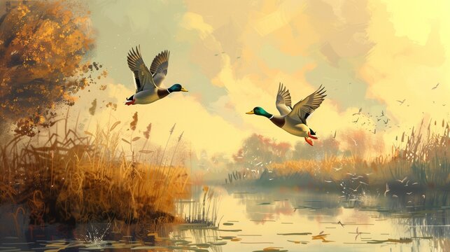 A pair of mallard ducks taking flight from a serene marshland, wings outstretched in harmony. 