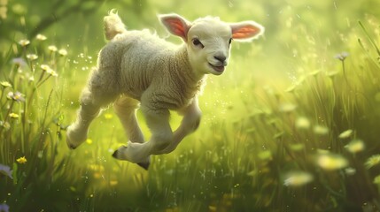 A playful lamb frolicking in a sunlit meadow, its joy contagious and heartwarming