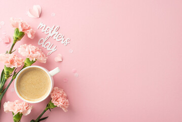 Mother's Day fashionable display. Top-view image of latte, clove cluster, sentimental message, tiny hearts, and confetti on pastel pink canvas, offering space for text or advertising - obrazy, fototapety, plakaty