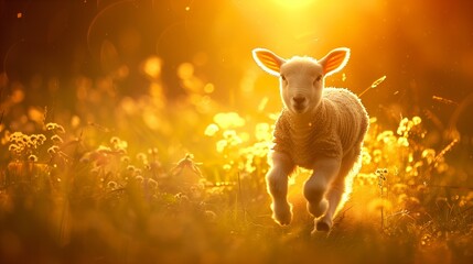A fluffy white lamb nestled in a bed of vibrant green grass, innocence personified.  - obrazy, fototapety, plakaty
