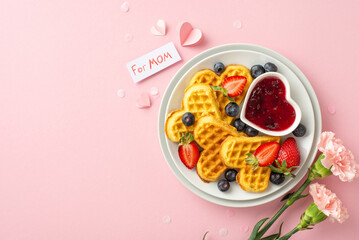Mother's Day brunch scene: top view of heart waffles, strawberries, blueberries, jam, carnations,...