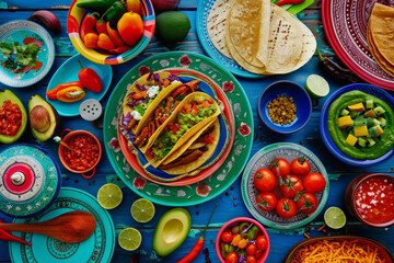 Mexican fiesta table with spread of tacos, guacamole, and salsa