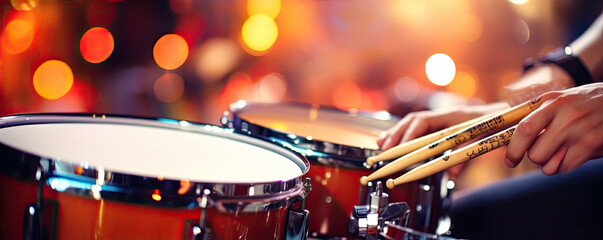 Fototapeta na wymiar Drummer performing on stage with vivid backlighting