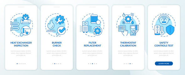 Heating inspection blue onboarding mobile app screen. HVAC walkthrough 5 steps editable graphic instructions with linear concepts. UI, UX, GUI template. Myriad Pro-Bold, Regular fonts used - obrazy, fototapety, plakaty