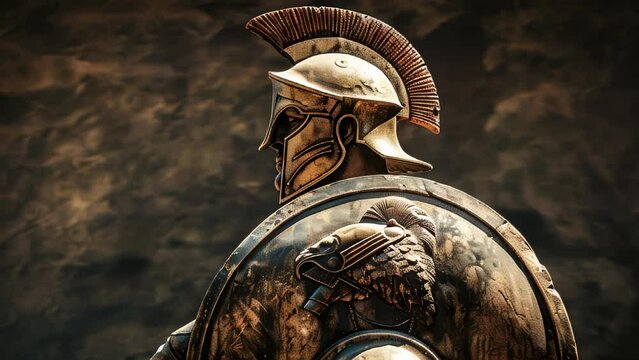 An ancient Spartan warrior stands in profile, clad in heavy armor. A crest adorns the helmet, highlighting the fierce determination etched in his expression. 