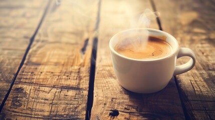 A steaming cup of coffee on a rustic wooden table, inviting with its rich aroma.