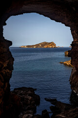 Illa s´Espartar view from Sa Figuera cave, Sant Josep de Sa Talaia, Ibiza, Balearic Islands, Spain