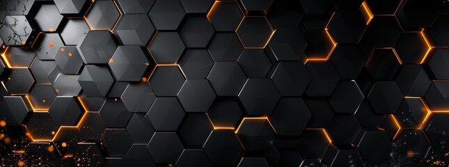 Abstract background with dark gray and orange hexagon shapes, creating an industrial atmosphere. The wall is made of dark metal, glowing in golden light. Background for design, banner, poster or cover - obrazy, fototapety, plakaty
