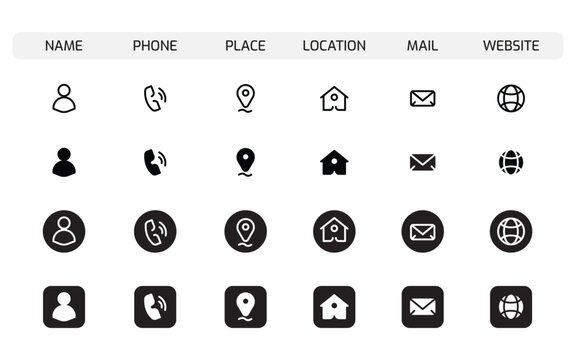 Contact Information Icons Set, Editable Stroke. Name, Phone, Place, Location, Mail, Website.