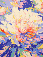Abstract expressive artwork of peony. Colorful paint stains. Floral gouache or acrylic painting. Explosion and splash of colors. Illustration for poster, notebook cover, phone case. Generative AI