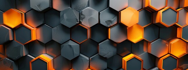 Abstract background with dark gray and orange hexagon shapes, creating an industrial atmosphere. The wall is made of dark metal, glowing in golden light. Background for design, banner, poster or cover