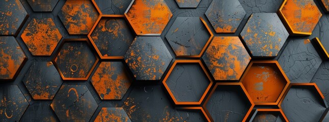Abstract background with dark gray and orange hexagon shapes, creating an industrial atmosphere. The wall is made of dark metal, glowing in golden light. Background for design, banner, poster or cover