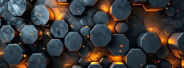 Abstract background with dark gray and orange hexagon shapes, creating an industrial atmosphere. The wall is made of dark metal, glowing in golden light. Background for design, banner, poster or cover - obrazy, fototapety, plakaty