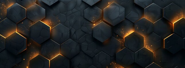 Abstract background with dark gray and orange hexagon shapes, creating an industrial atmosphere. The wall is made of dark metal, glowing in golden light. Background for design, banner, poster or cover