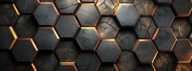 Abstract background with dark gray and orange hexagon shapes, creating an industrial atmosphere. The wall is made of dark metal, glowing in golden light. Background for design, banner, poster or cover