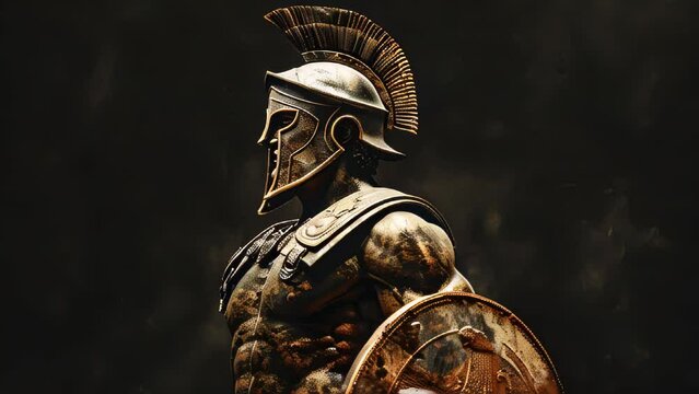 An ancient Spartan warrior stands in profile, clad in heavy armor. A crest adorns the helmet, highlighting the fierce determination etched in his expression. 